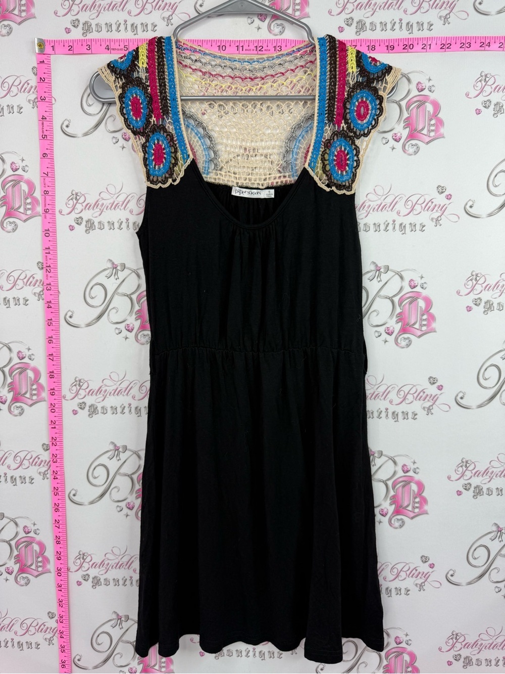 Paper scissors dress floral knit Black Dress with Colorful Crochet Yoke